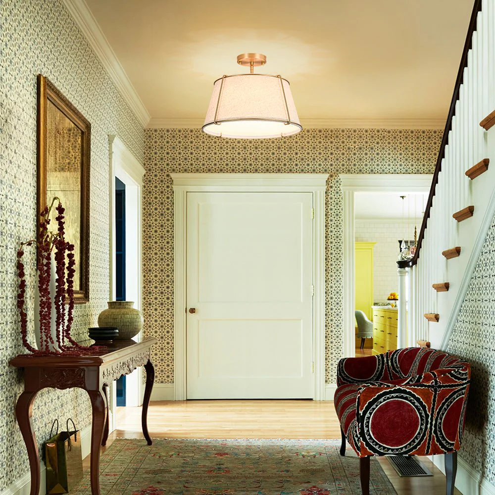 Contemporary Wide Linen Drum Brass Semi Flush Mount - Image 8