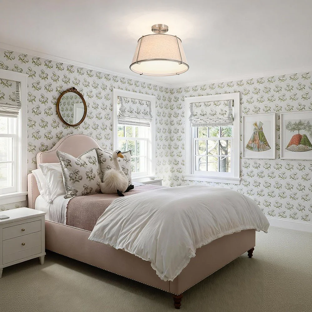 Contemporary Wide Linen Drum Brass Semi Flush Mount - Image 9