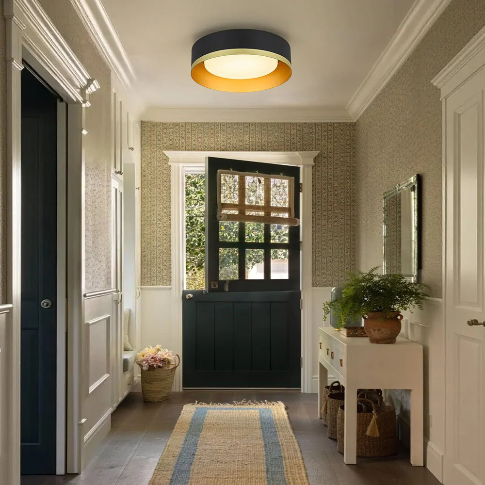 Dimmable LED Black Gold Iron Milky Glass Drum Flush Mount - Image 2