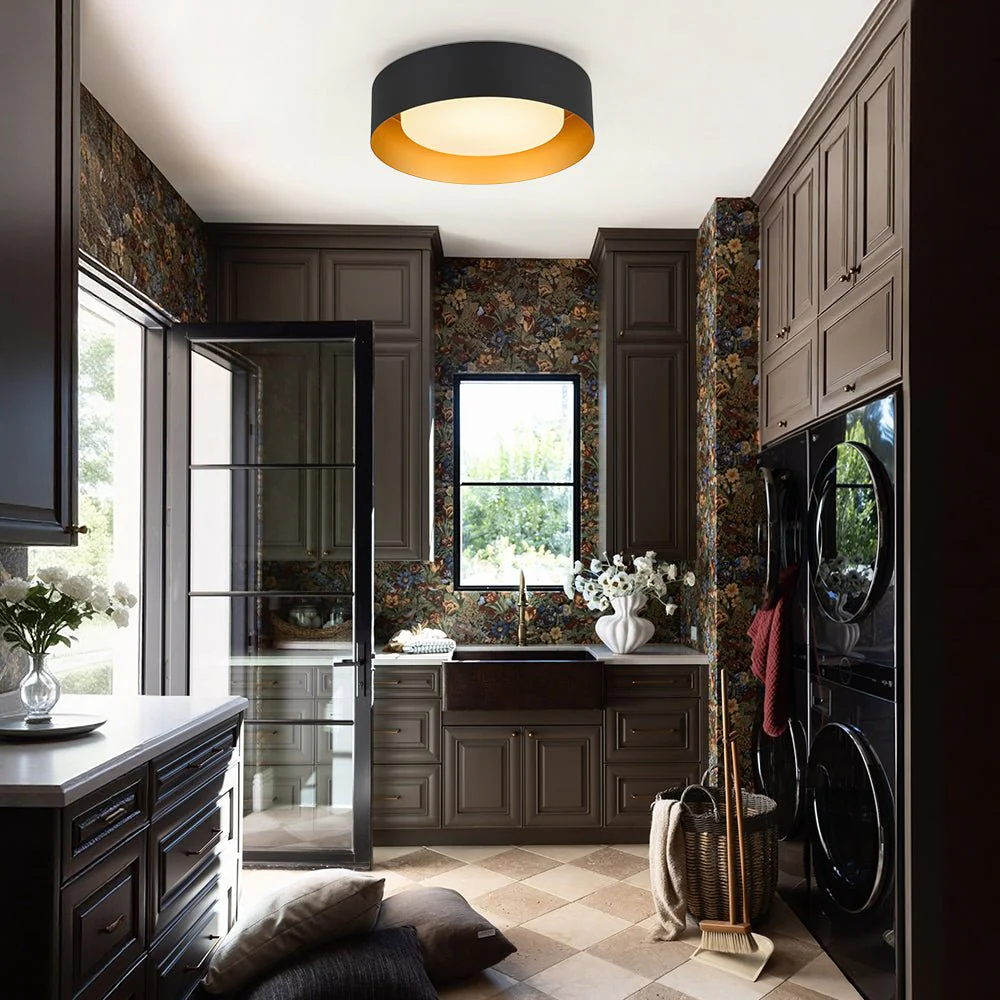Dimmable LED Black Iron Milky Glass Round Drum Ceiling Light - Image 2