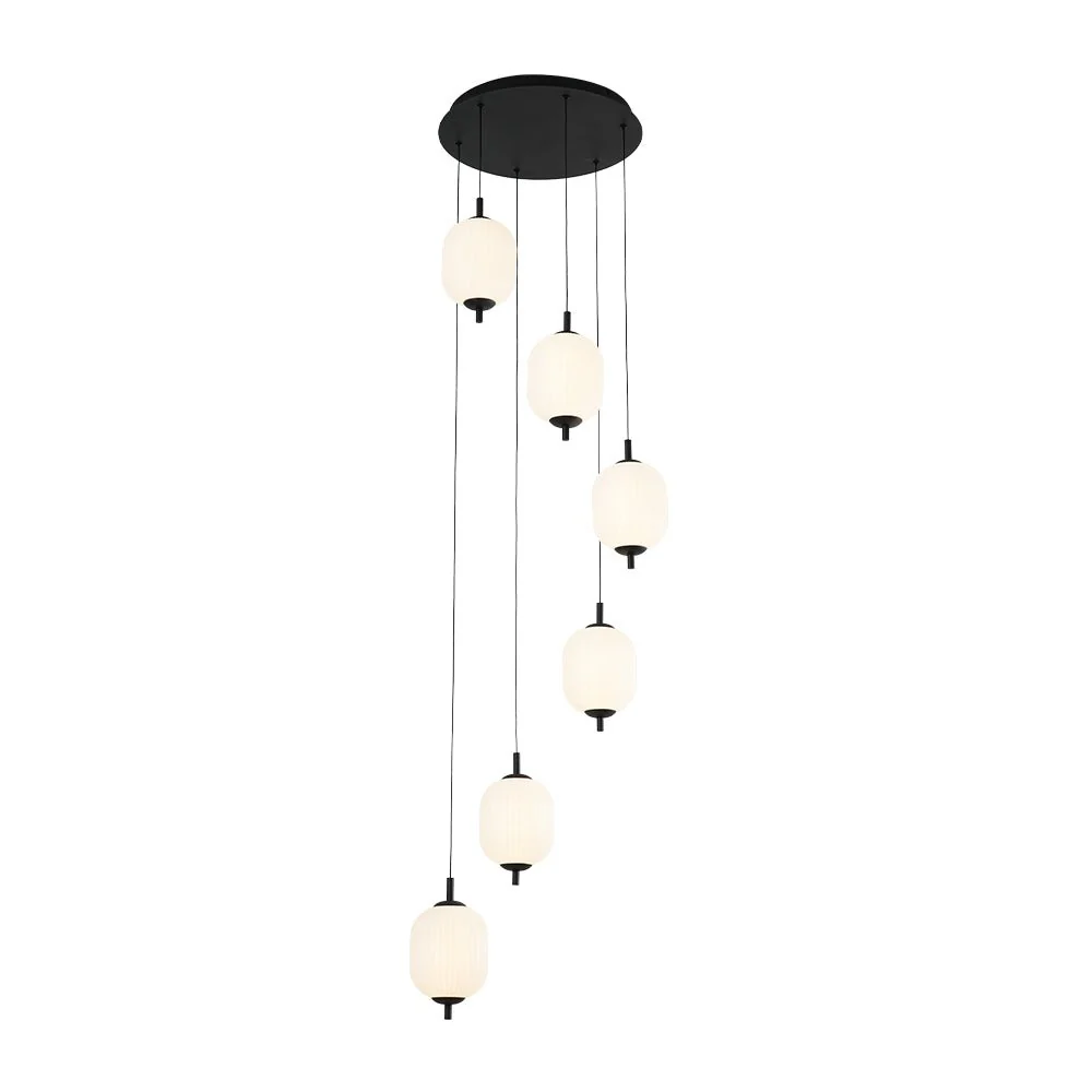 Dimmable LED Ribbed White Glass 6-Light Cluster Round Pendant - Image 10