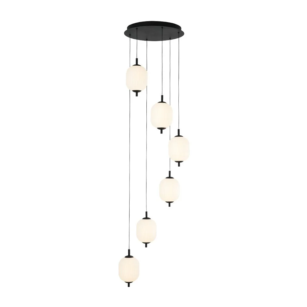 Dimmable LED Ribbed White Glass 6-Light Cluster Round Pendant - Image 11
