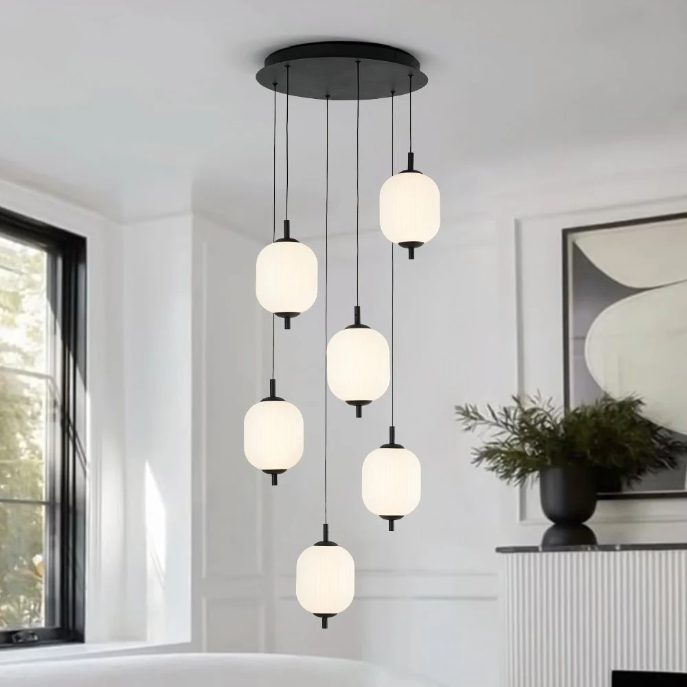 Dimmable LED Ribbed White Glass 6-Light Cluster Round Pendant - Image 2