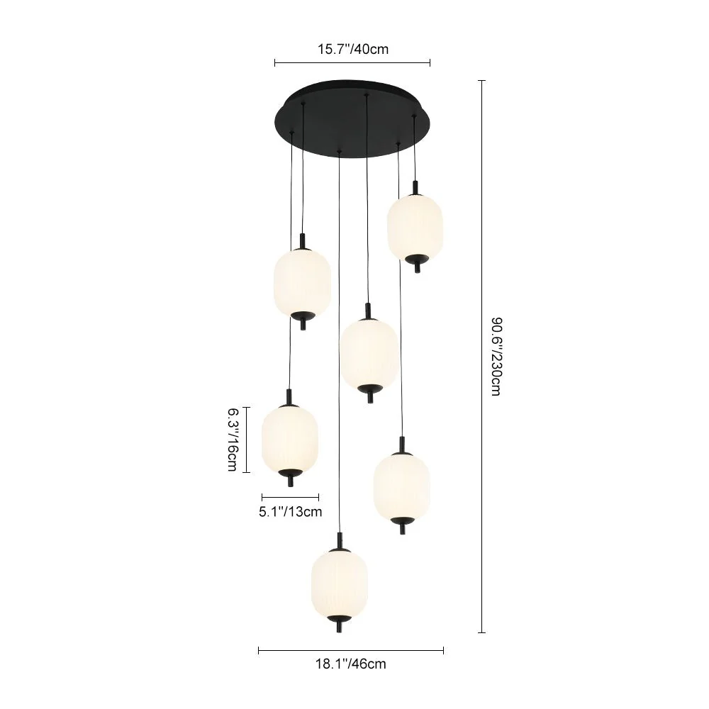 Dimmable LED Ribbed White Glass 6-Light Cluster Round Pendant - Image 3