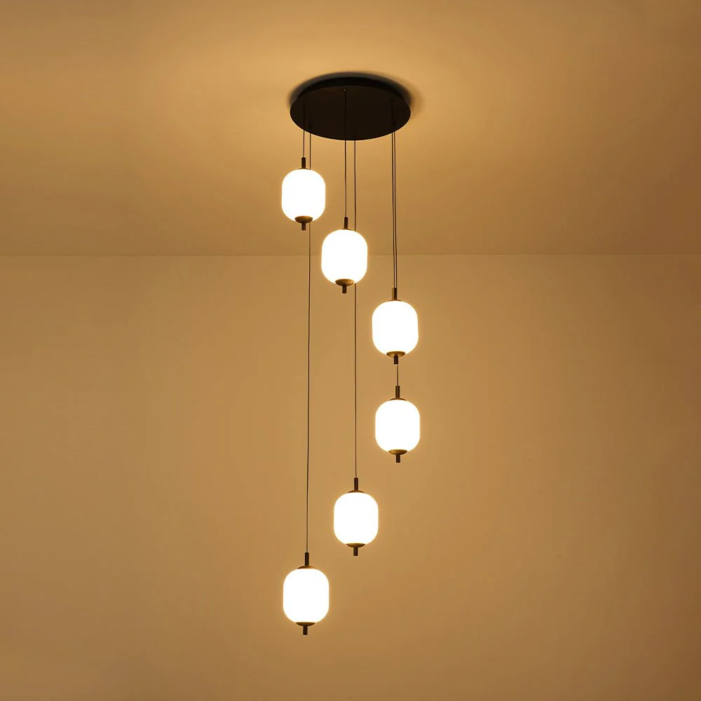 Dimmable LED Ribbed White Glass 6-Light Cluster Round Pendant - Image 4