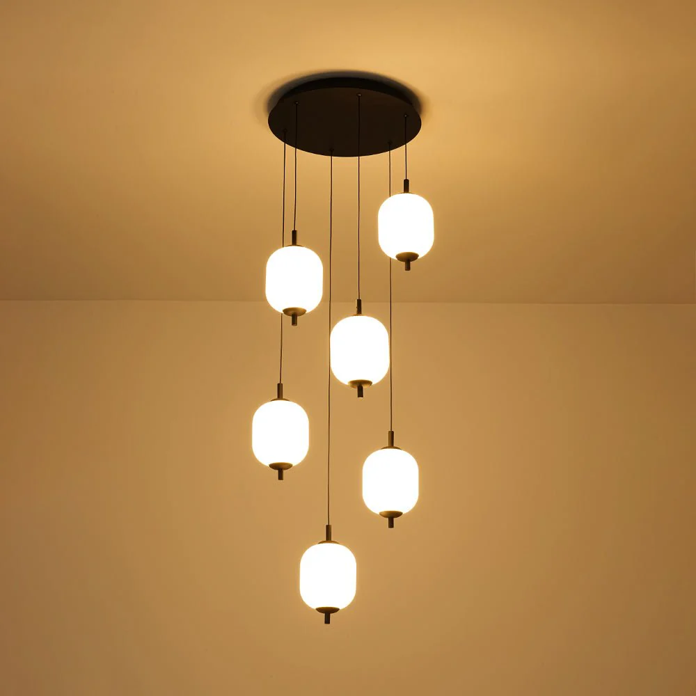 Dimmable LED Ribbed White Glass 6-Light Cluster Round Pendant - Image 5