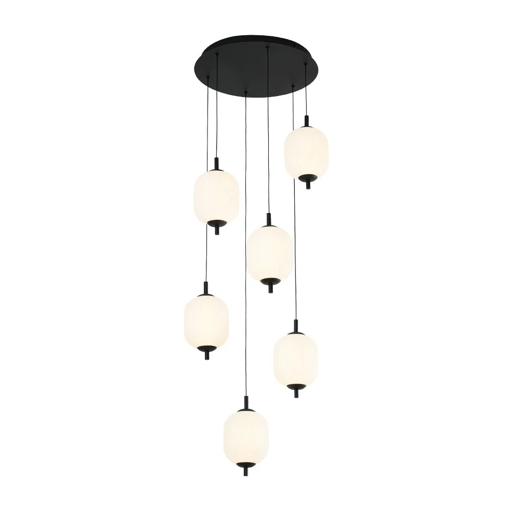 Dimmable LED Ribbed White Glass 6-Light Cluster Round Pendant - Image 6