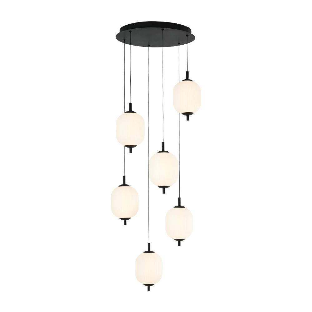 Dimmable LED Ribbed White Glass 6-Light Cluster Round Pendant - Image 7