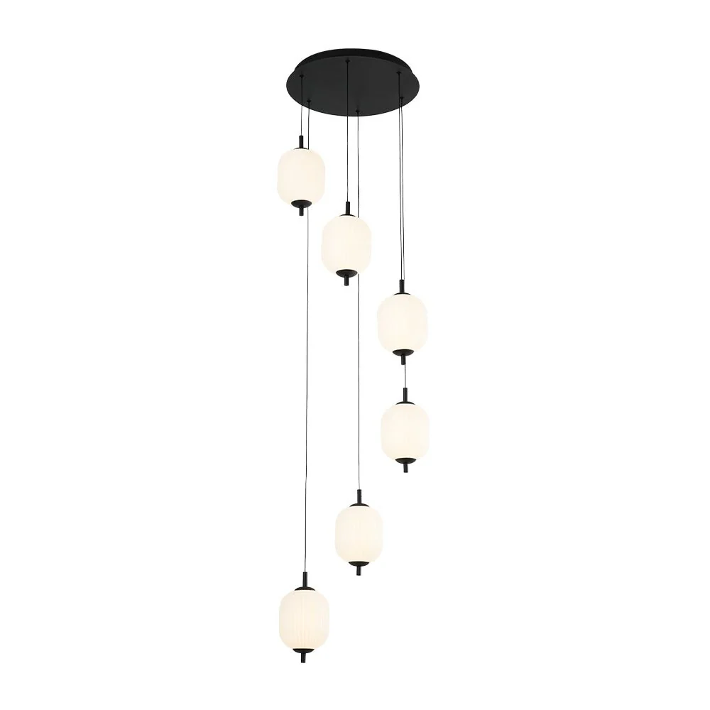 Dimmable LED Ribbed White Glass 6-Light Cluster Round Pendant - Image 8