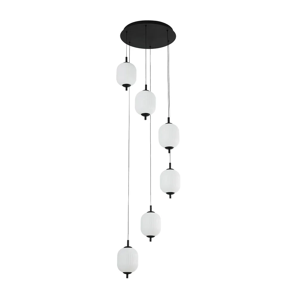 Dimmable LED Ribbed White Glass 6-Light Cluster Round Pendant - Image 9