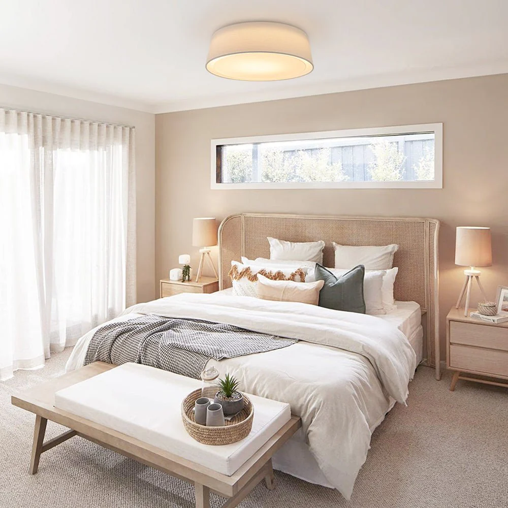 Dimmable LED White Fabric Milky Glass Drum Ceiling Light - Image 2