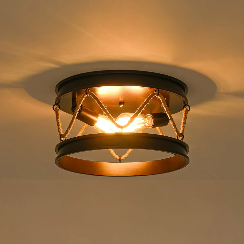 Farmhouse 2-Light Hemp Rope Iron Drum Cage Flush Mount - Image 12