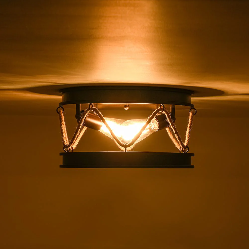 Farmhouse 2-Light Hemp Rope Iron Drum Cage Flush Mount - Image 13