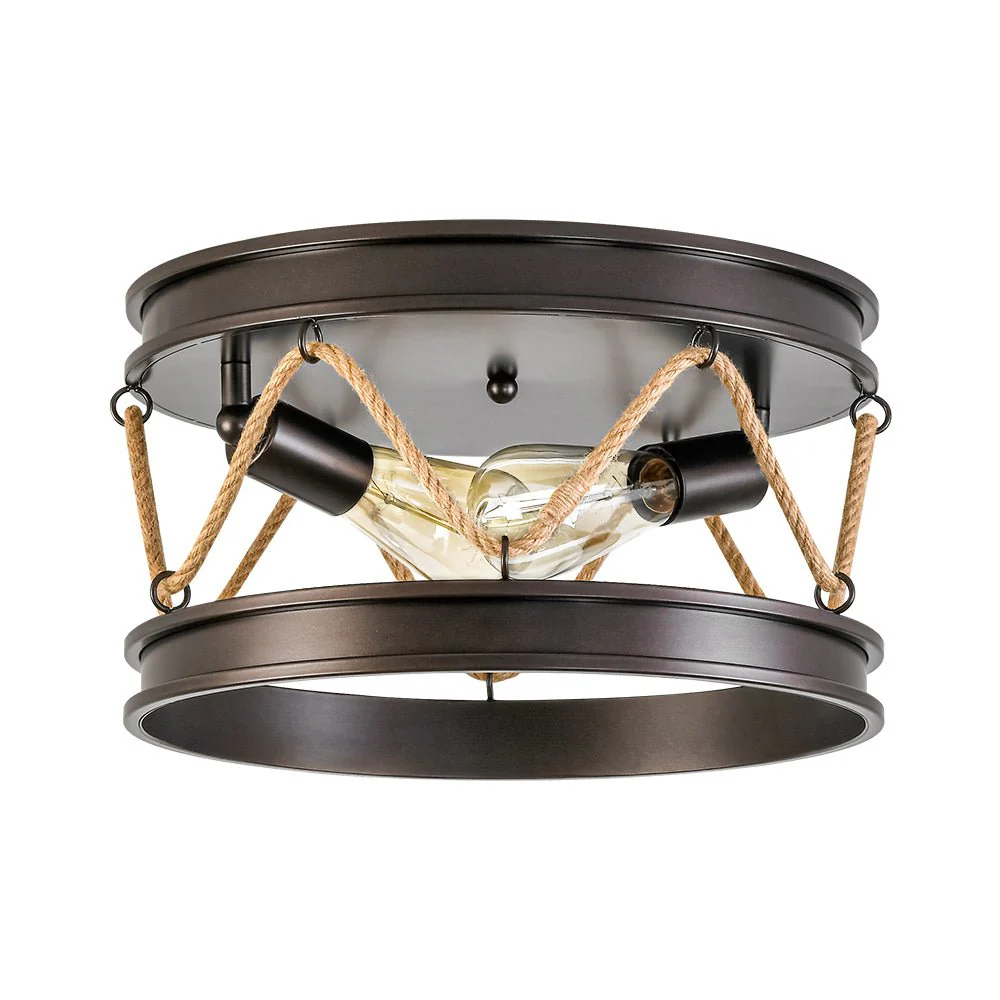 Farmhouse 2-Light Hemp Rope Iron Drum Cage Flush Mount - Image 2