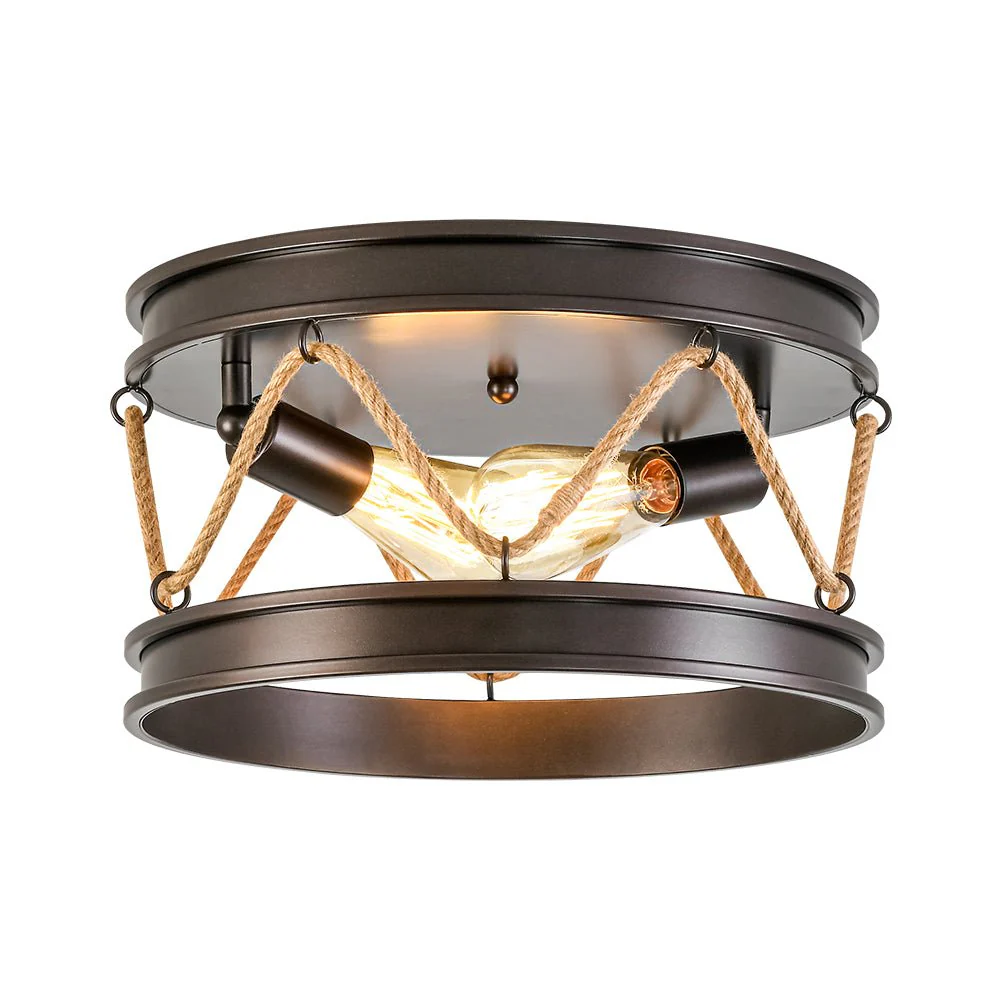 Farmhouse 2-Light Hemp Rope Iron Drum Cage Flush Mount - Image 3