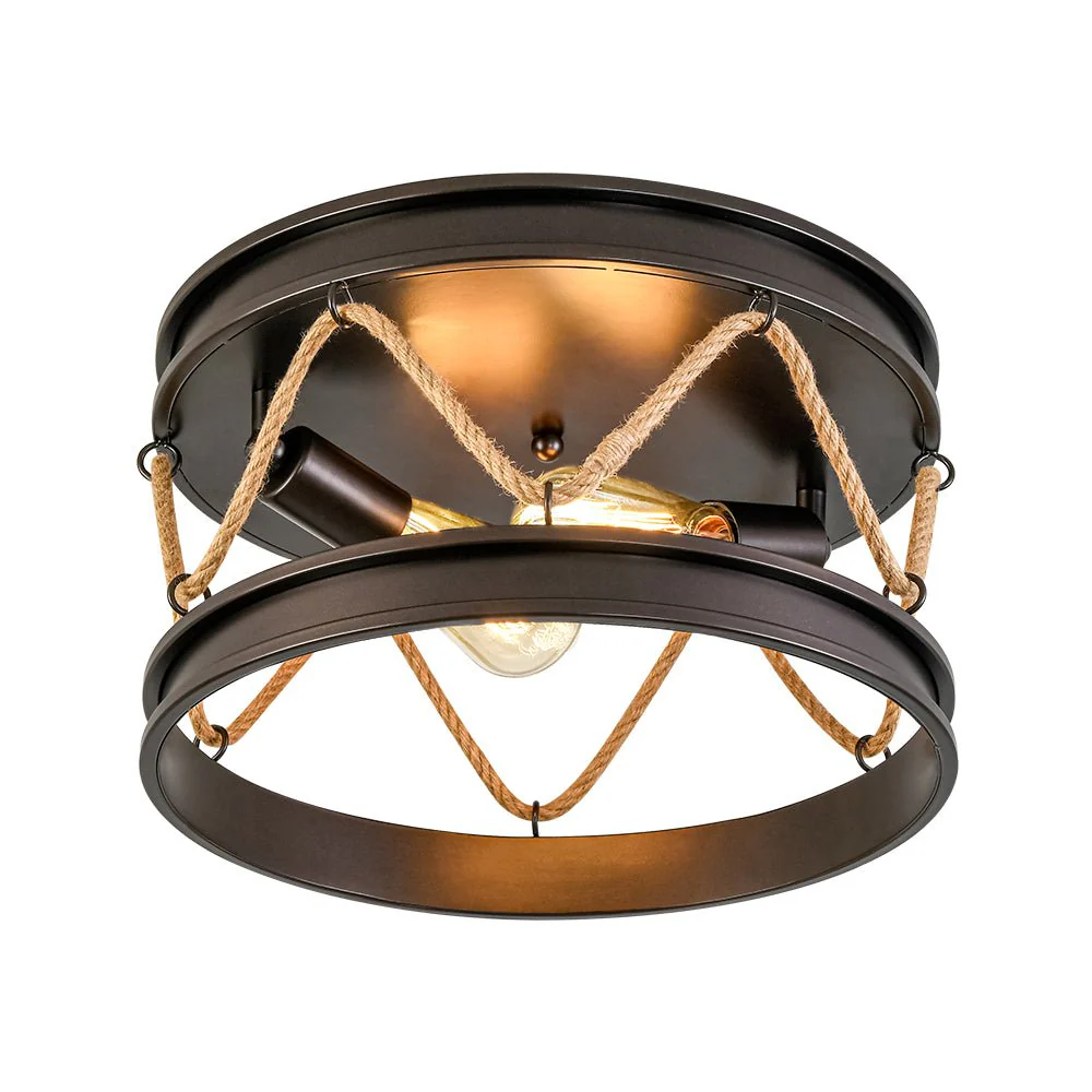 Farmhouse 2-Light Hemp Rope Iron Drum Cage Flush Mount - Image 4
