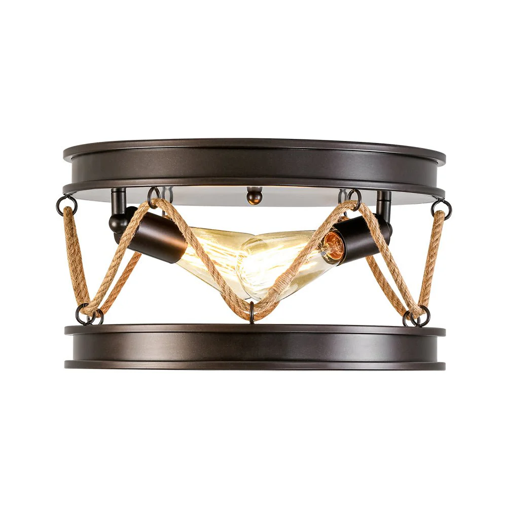Farmhouse 2-Light Hemp Rope Iron Drum Cage Flush Mount - Image 5