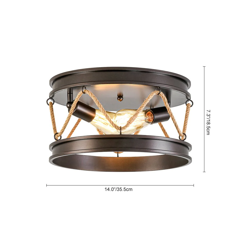 Farmhouse 2-Light Hemp Rope Iron Drum Cage Flush Mount - Image 6