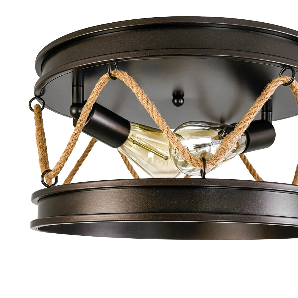 Farmhouse 2-Light Hemp Rope Iron Drum Cage Flush Mount - Image 8