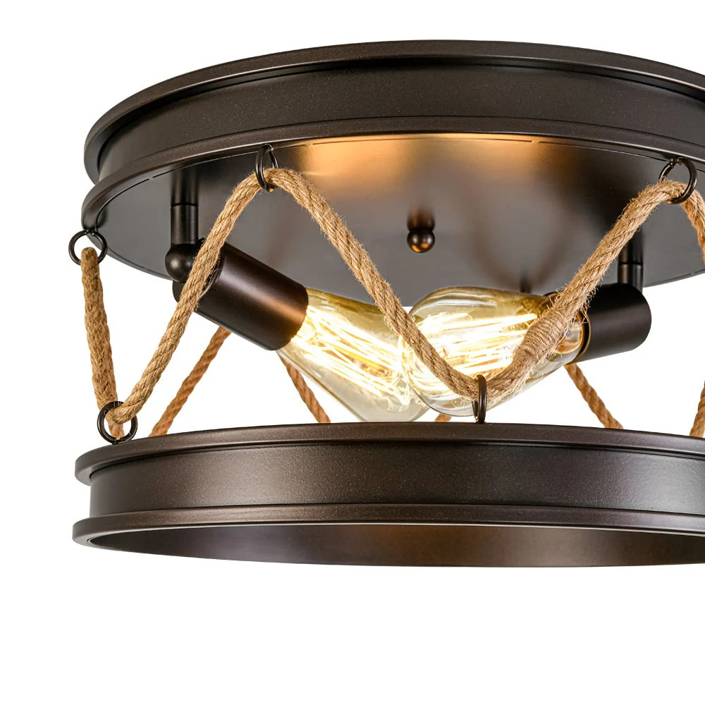 Farmhouse 2-Light Hemp Rope Iron Drum Cage Flush Mount - Image 9