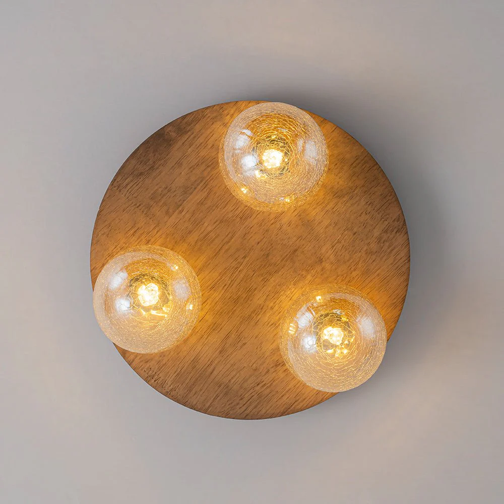 Farmhouse Amber Textured Glass Wooden Round Ceiling Light - Image 16