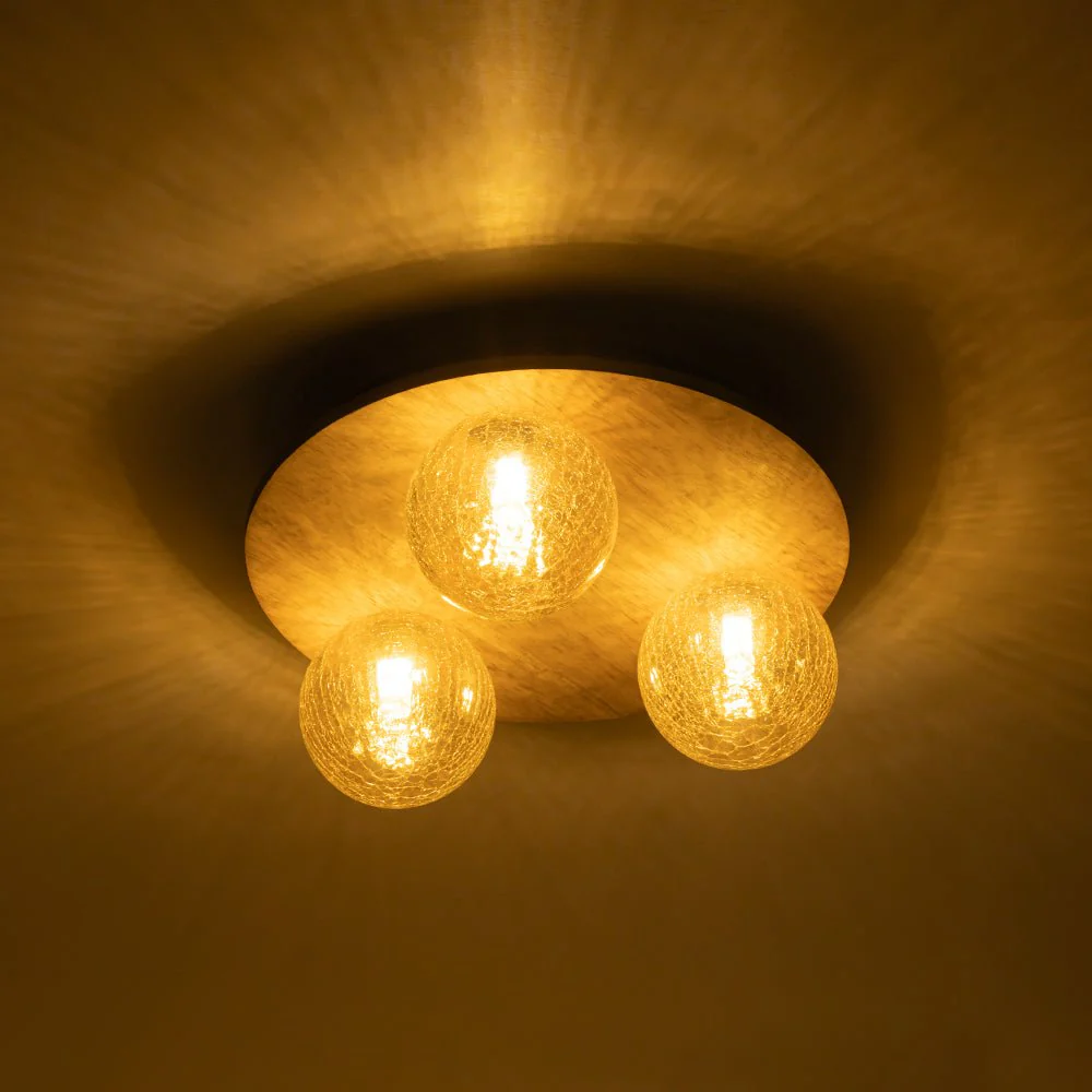 Farmhouse Amber Textured Glass Wooden Round Ceiling Light - Image 8