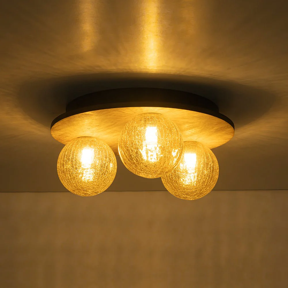 Farmhouse Amber Textured Glass Wooden Round Ceiling Light - Image 9