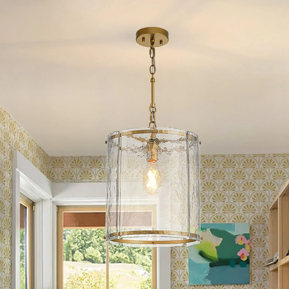Farmhouse Clear Textured Glass Cylinder Cage Pendant
