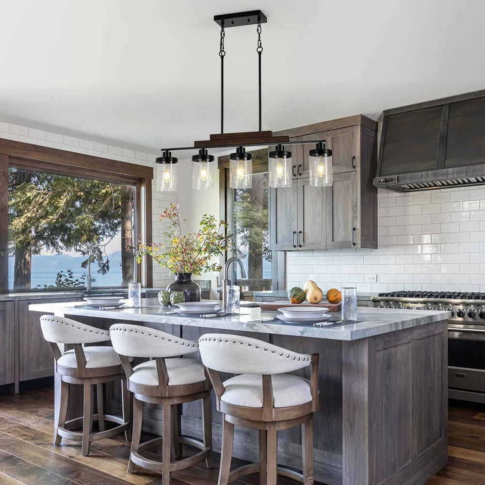 Farmhouse Linear Glass Wooden Kitchen Island Ceiling Light - Image 2