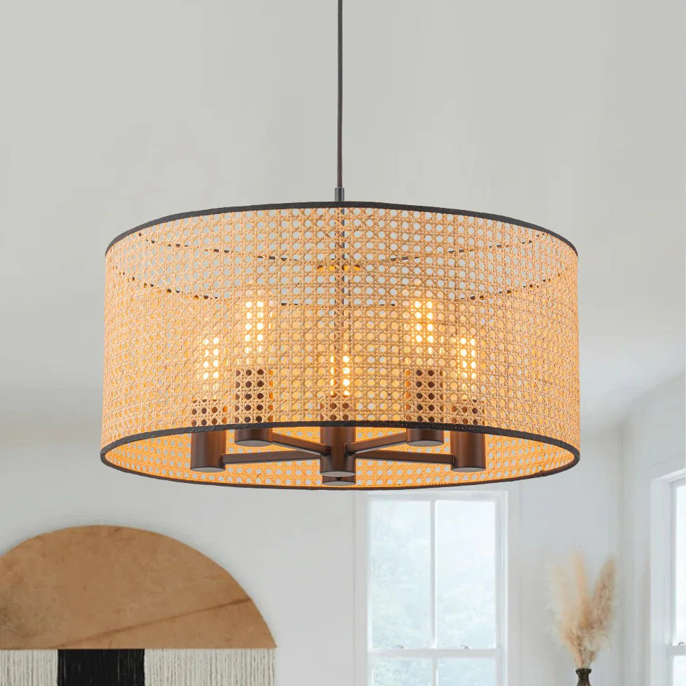 Farmhouse Wide Woven Rattan Drum Cage Pendant Light