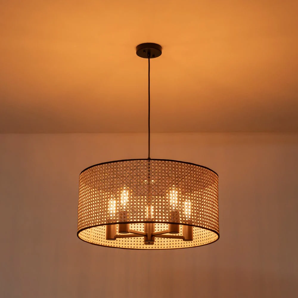 Farmhouse Wide Woven Rattan Drum Cage Pendant Light - Image 11