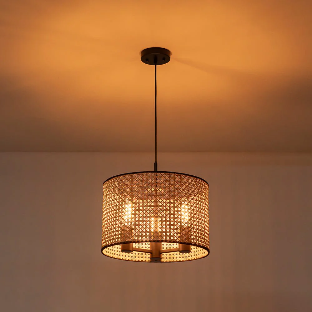 Farmhouse Wide Woven Rattan Drum Cage Pendant Light - Image 15