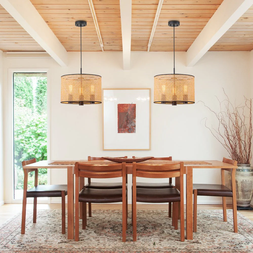 Farmhouse Wide Woven Rattan Drum Cage Pendant Light - Image 4