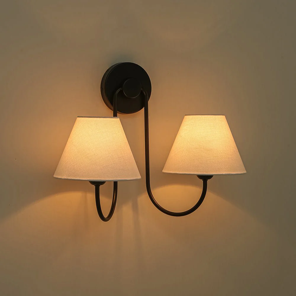 French 2-Light White Linen Conical Vanity Wall Lamp - Image 25