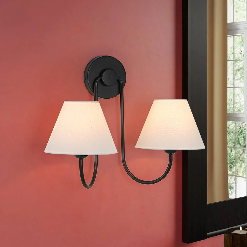 French 2-Light White Linen Conical Vanity Wall Lamp - Image 3