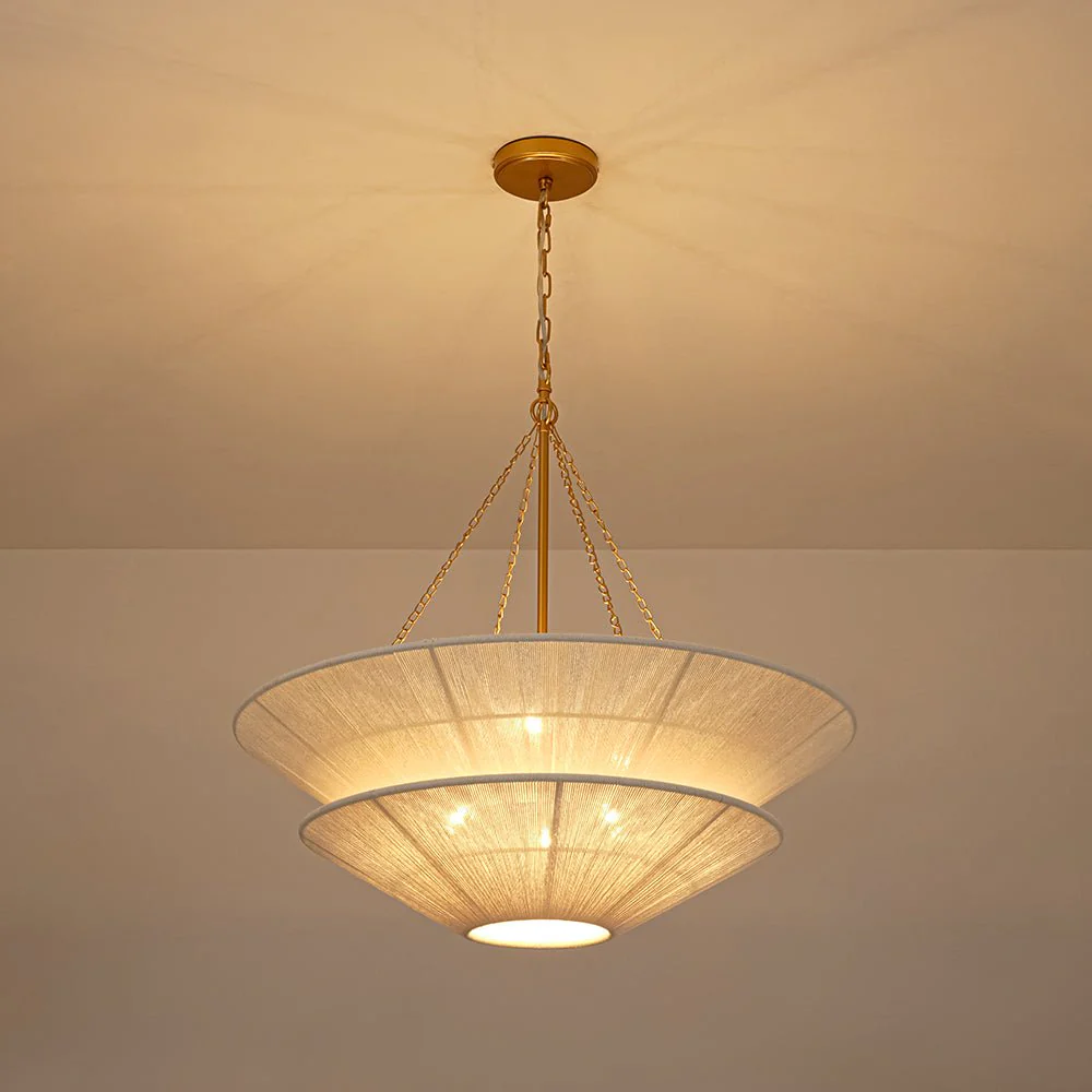 French 2-Tier Beige Woven Thread Cone Round Cage Chandelier - Image 7