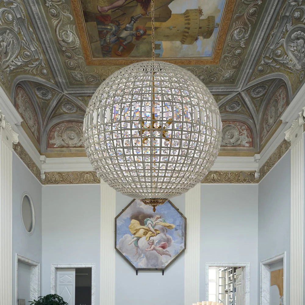French Antique Brass Crystal Globe Chandelier - Image 15