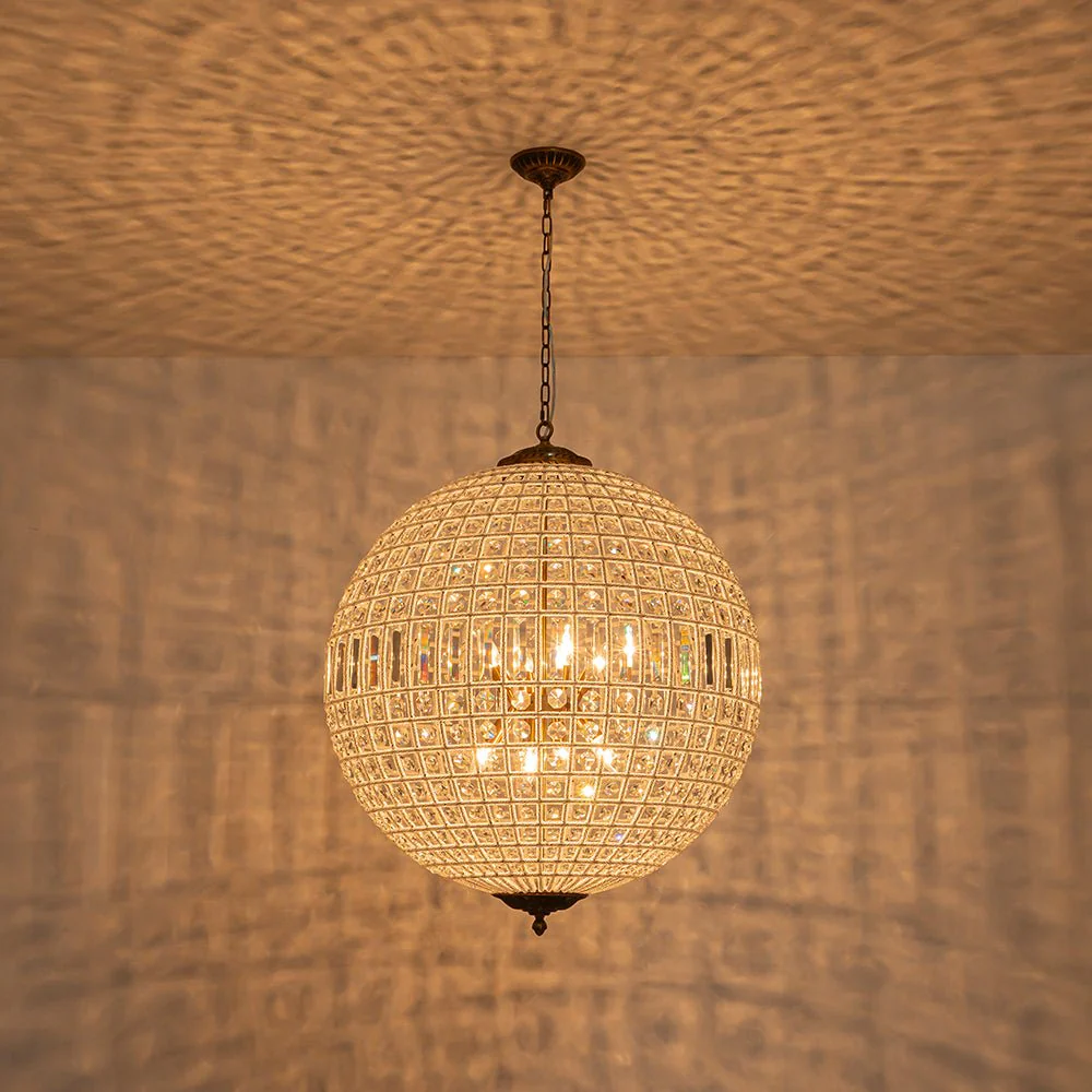 French Antique Brass Crystal Globe Chandelier - Image 26