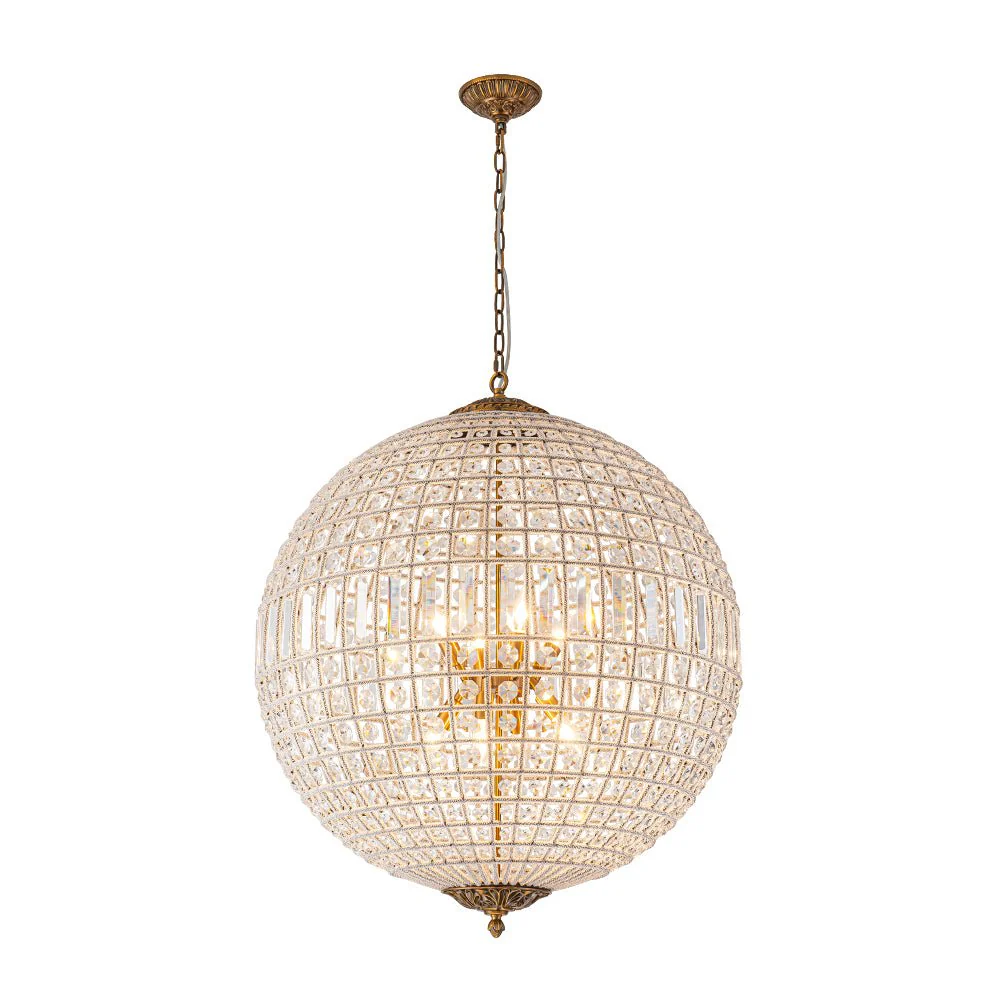 French Antique Brass Crystal Globe Chandelier - Image 34