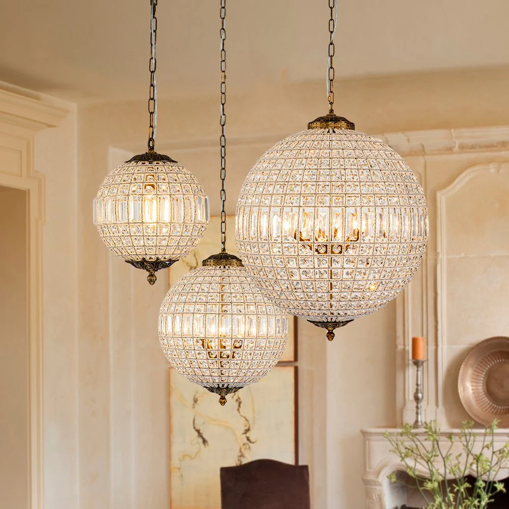 French Antique Brass Crystal Globe Chandelier - Image 6