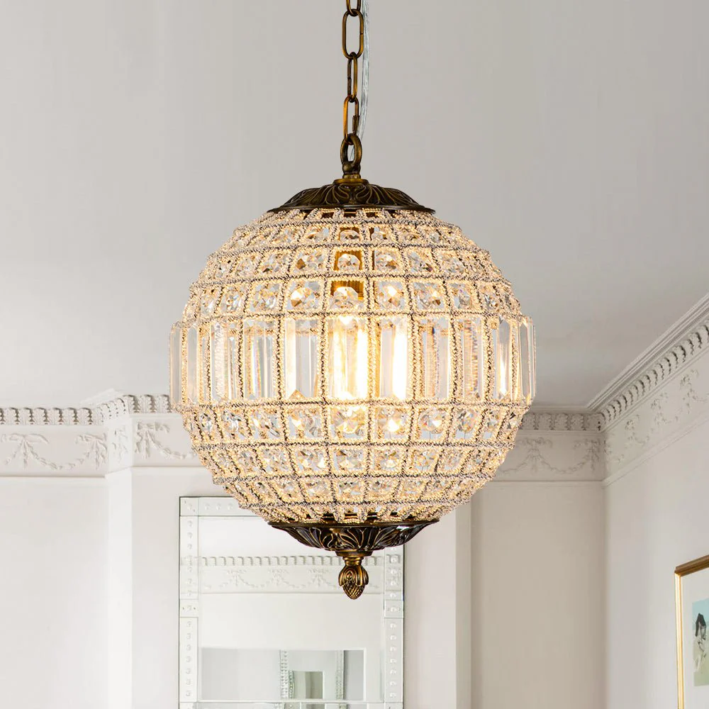 French Antique Brass Crystal Globe Chandelier - Image 8