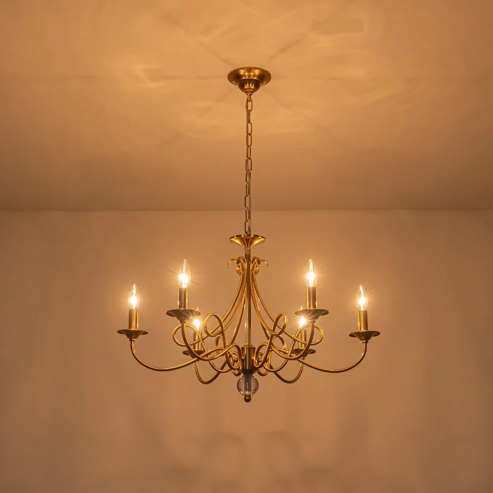 French Classic Brass Scrolling Candle Style Chandelier - Image 7