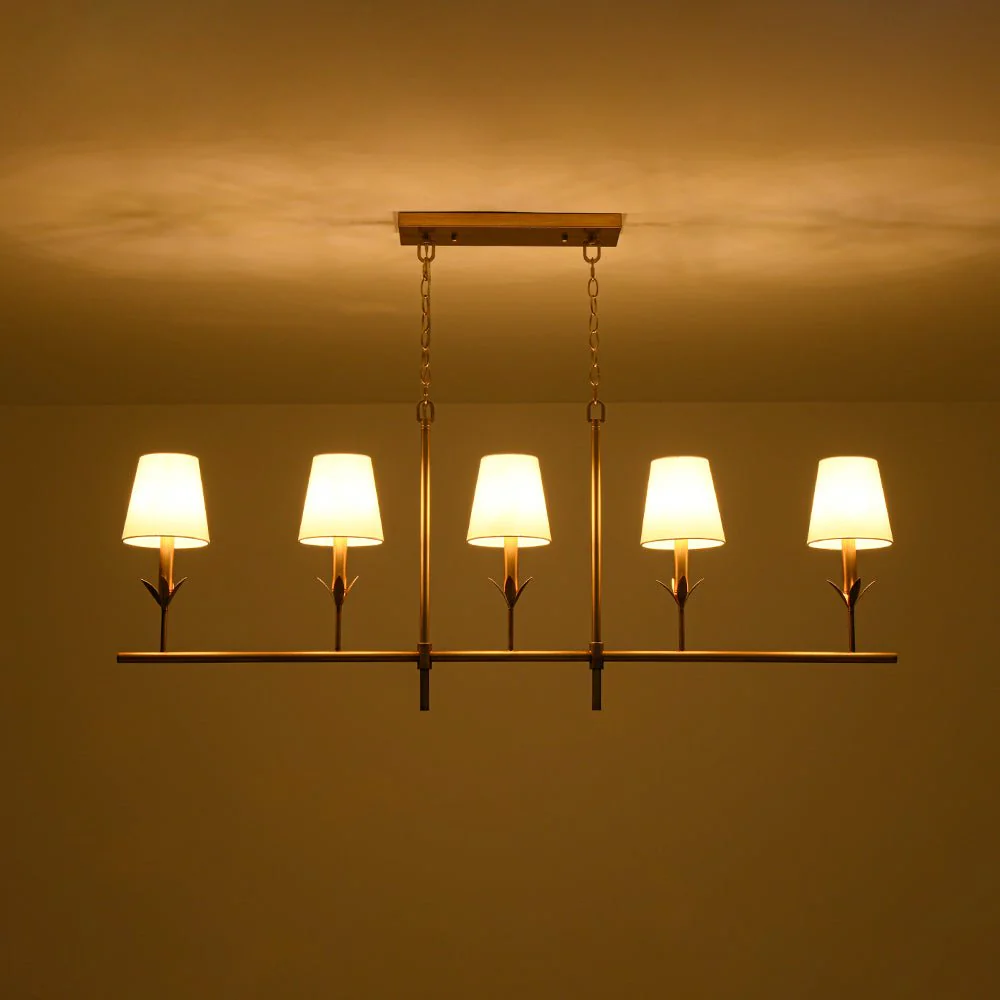 French Country 5-Light Fabric Shade Candle Linear Island Chandelier - Image 14