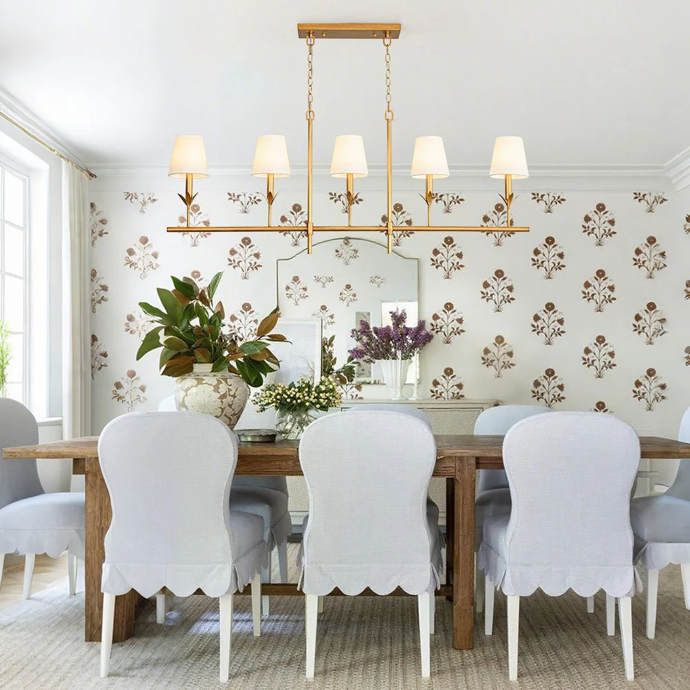 French Country 5-Light Fabric Shade Candle Linear Island Chandelier - Image 3