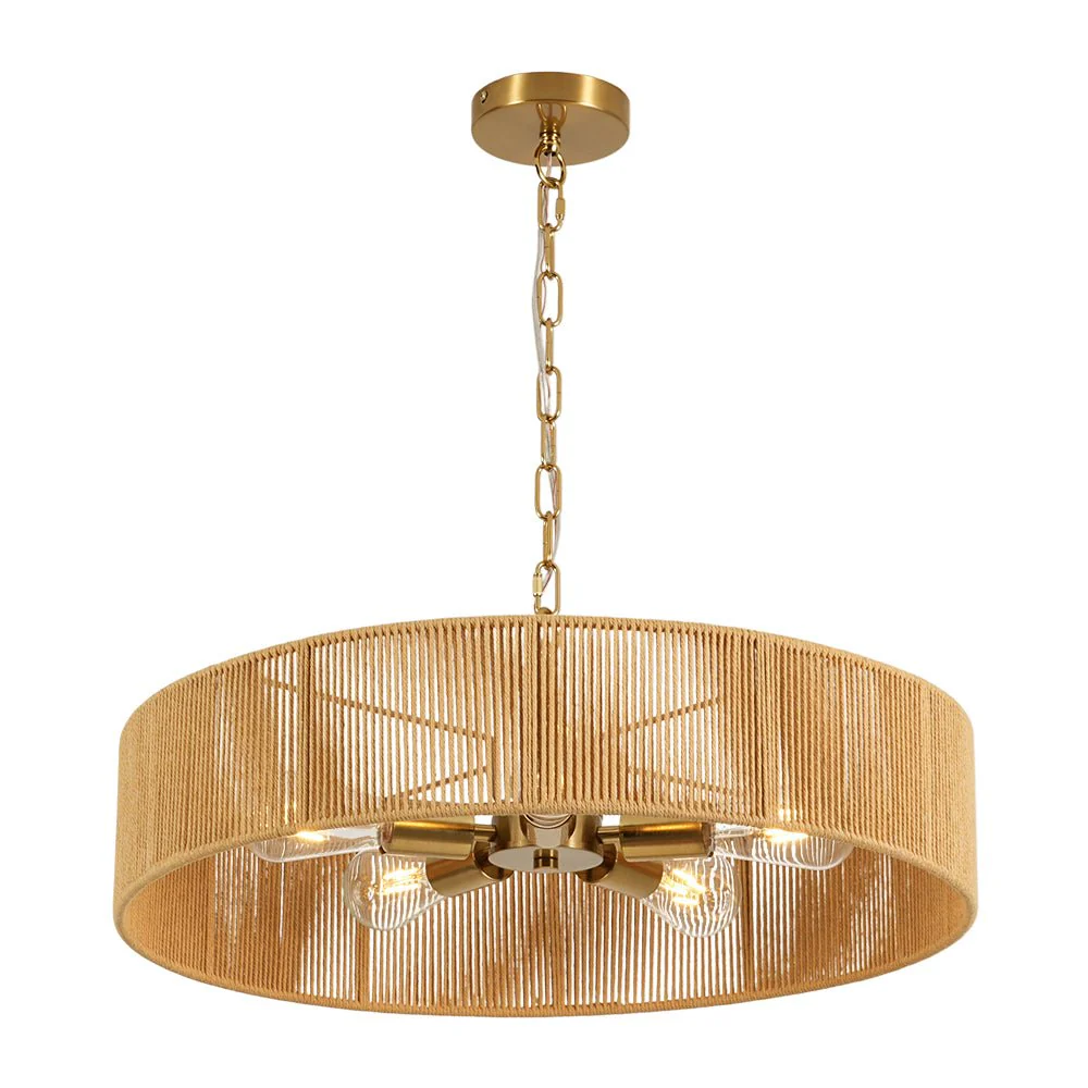 French Country Brown Woven Rope Wide Drum Semi Flush Chandelier - Image 10