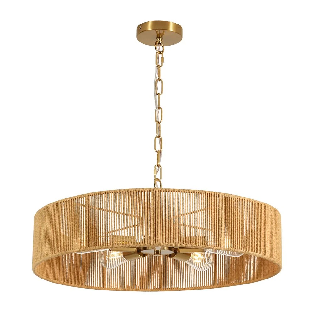 French Country Brown Woven Rope Wide Drum Semi Flush Chandelier - Image 11