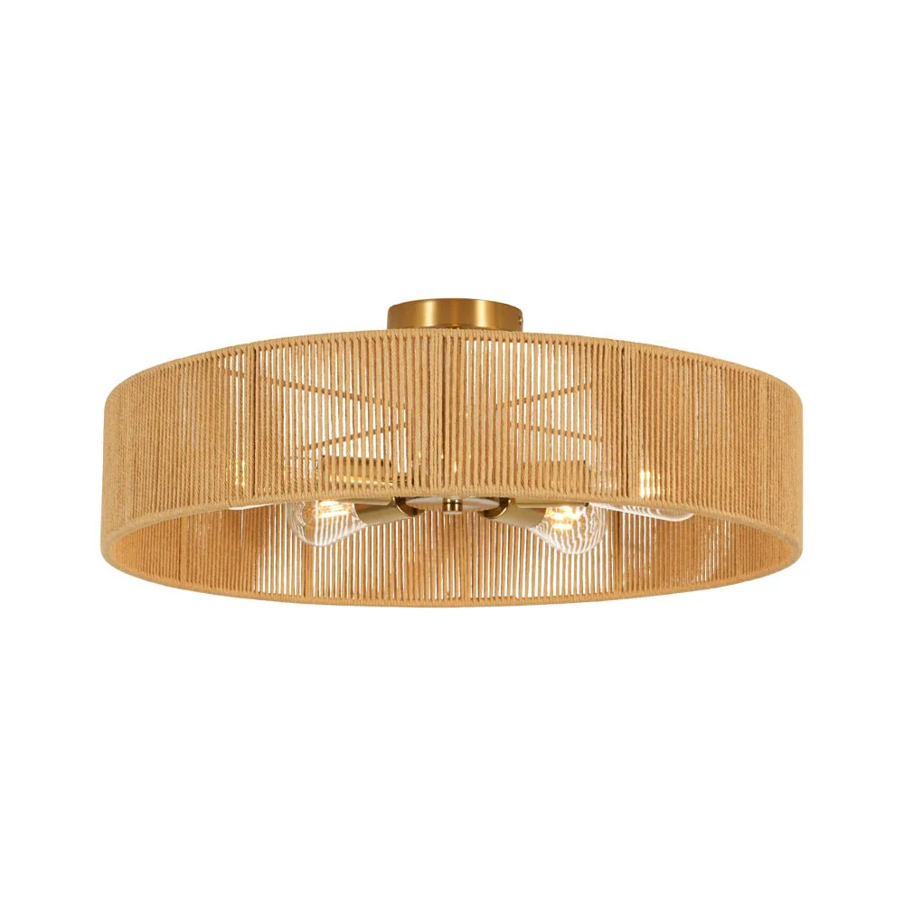 French Country Brown Woven Rope Wide Drum Semi Flush Chandelier - Image 13