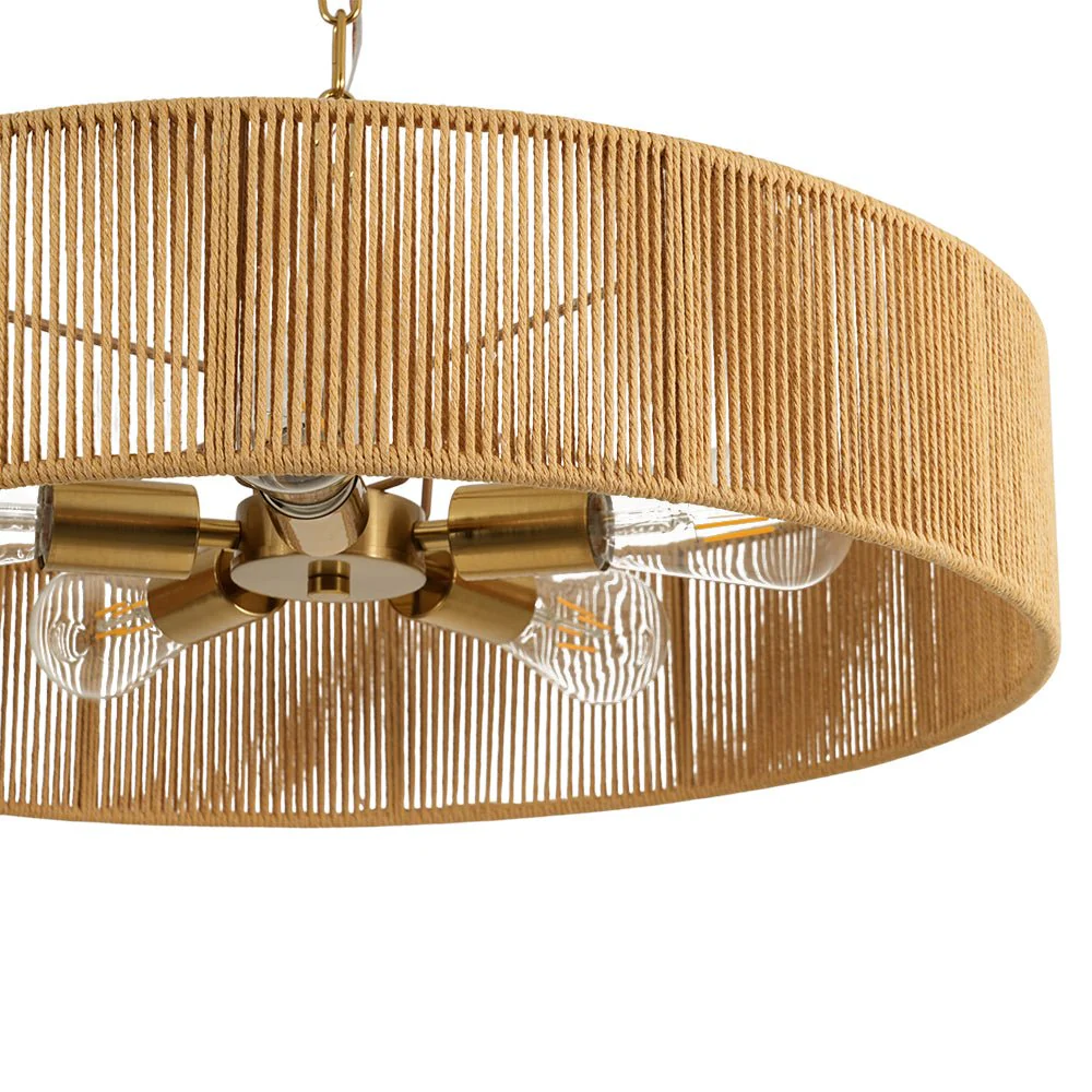 French Country Brown Woven Rope Wide Drum Semi Flush Chandelier - Image 14