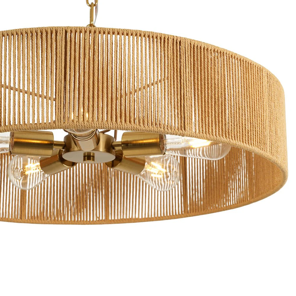 French Country Brown Woven Rope Wide Drum Semi Flush Chandelier - Image 15