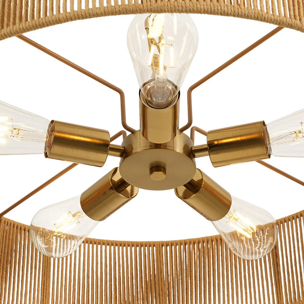 French Country Brown Woven Rope Wide Drum Semi Flush Chandelier - Image 16